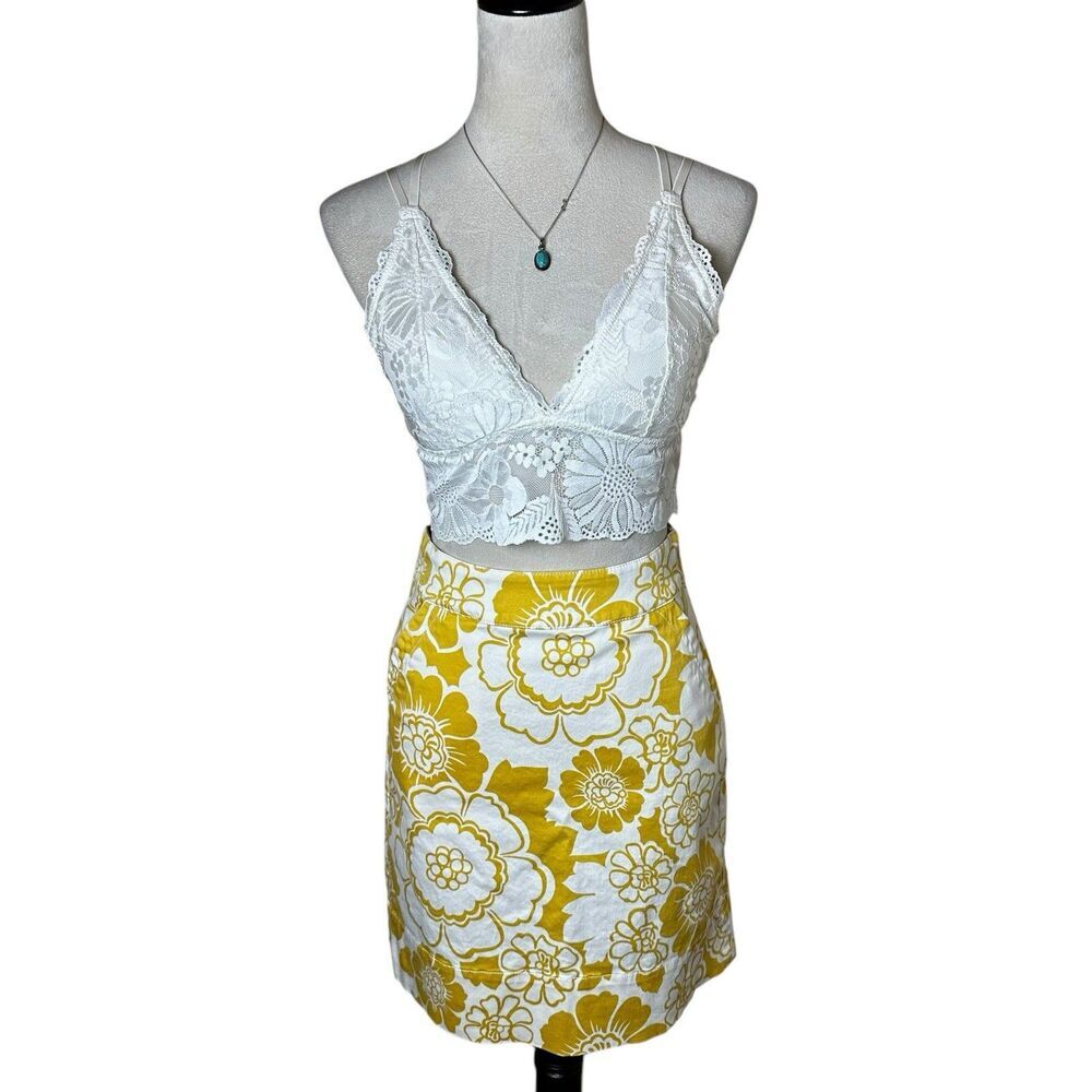 Boden Yellow Floral High Waist Pencil Skirt 4 Cotton Blend Mod Retro Pockets